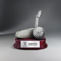 Antique silver golf club and golf ball on rosewood finish base with silver lasered plate.